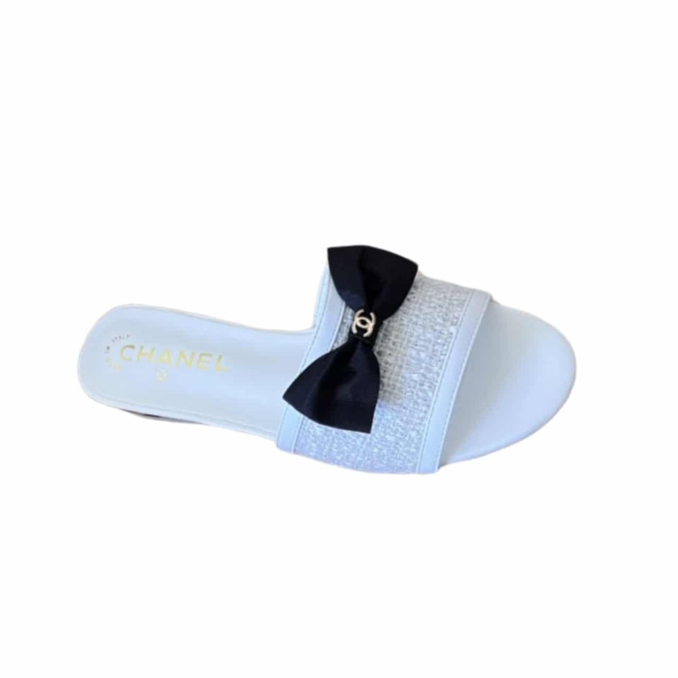 Chanel Grosgrain Ribbon Bow Flat Sandal Tweed White view 2