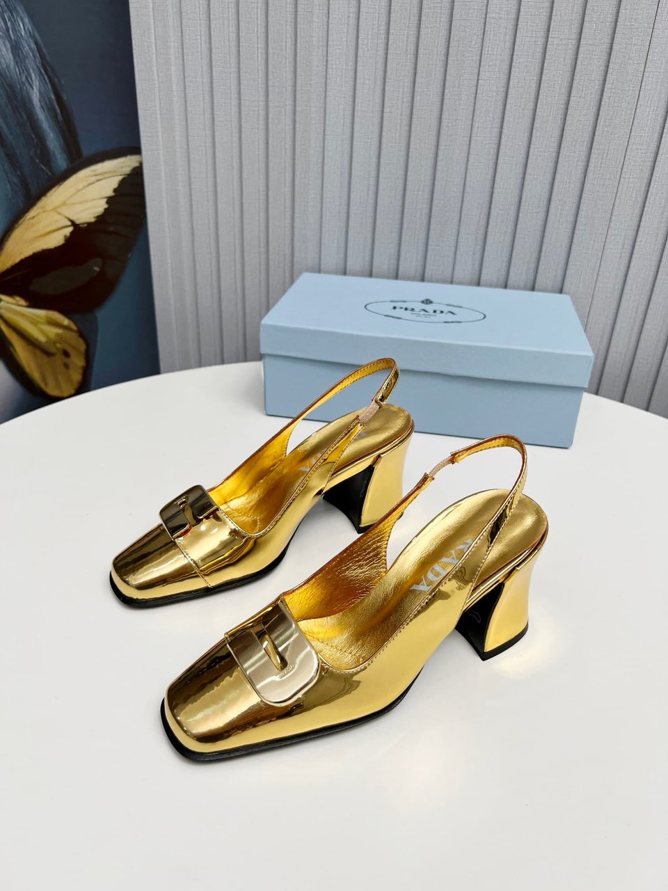 Prada Leather Slingback Pumps Gold view 10