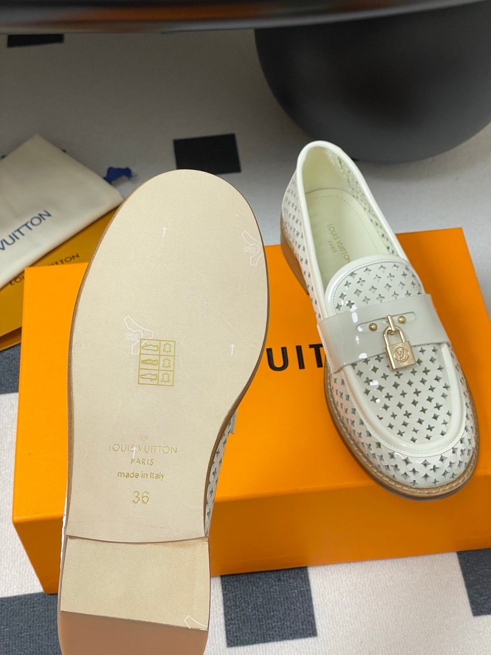 Louis Vuitton Chess Flat Loafer White Monogram Embroidered with Gold Padlock 1AGXRV view 4