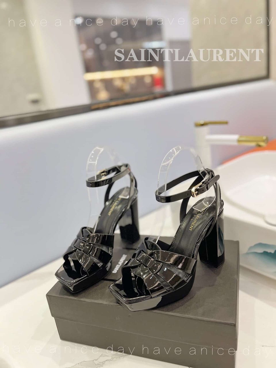 Saint Laurent Tribute Platform Sandals In Patent Leather Black view 6