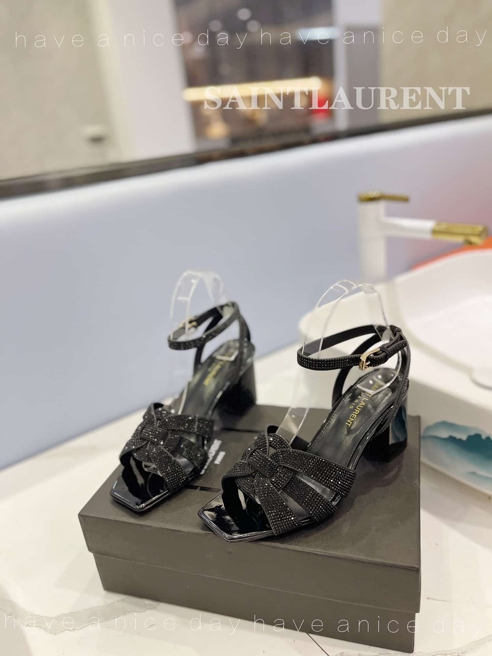 Saint Laurent Tribute Leather Sandals Metallic Black view 7
