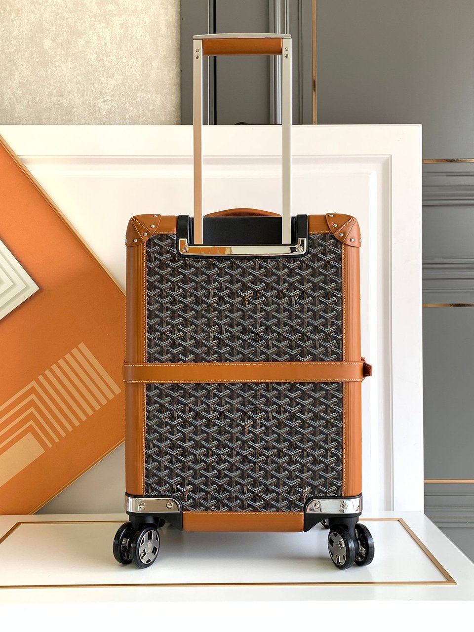 Goyard 50cm Goyardine Canvas &amp; Clamecy Cowhide Bourget PM Trolley Case Black &amp; Tan view 9