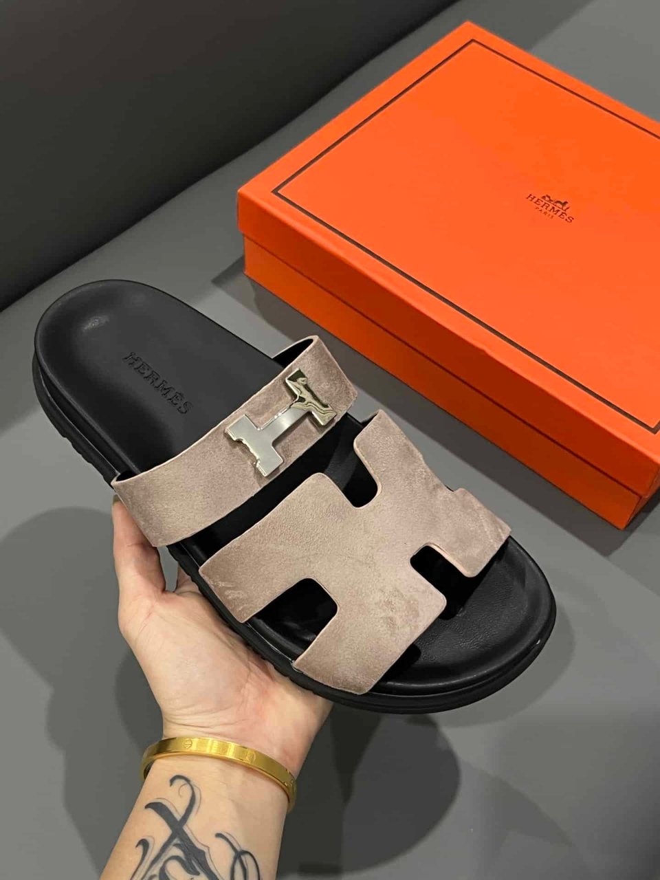 Hermes Chypre Sandal Suede H Logo Silver Hardware Light Brown view 4