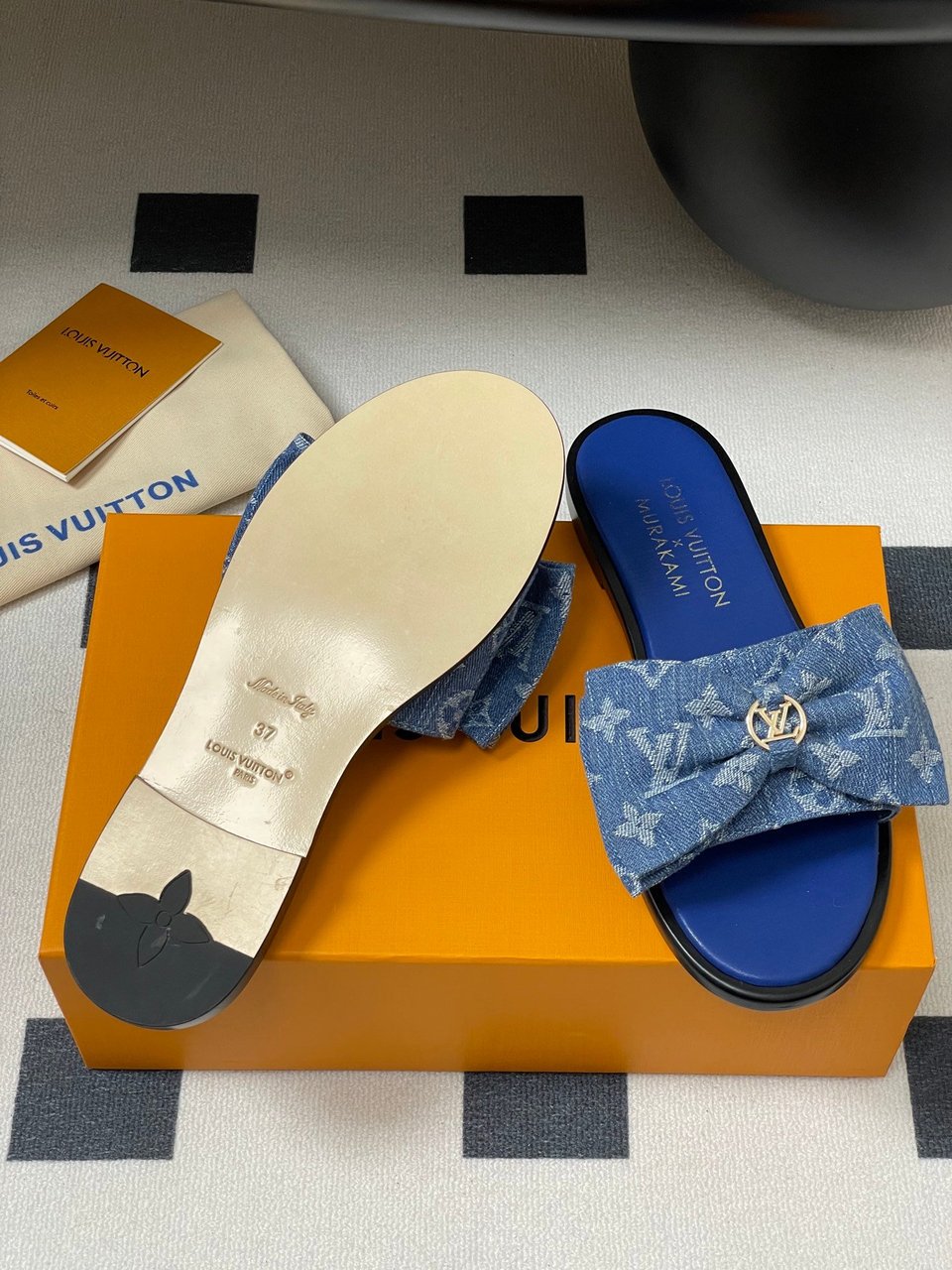Louis Vuitton x Takashi Murakami Lily Flat Mule Bow Slide Sandals Blue Canvas 1AGVYA view 5