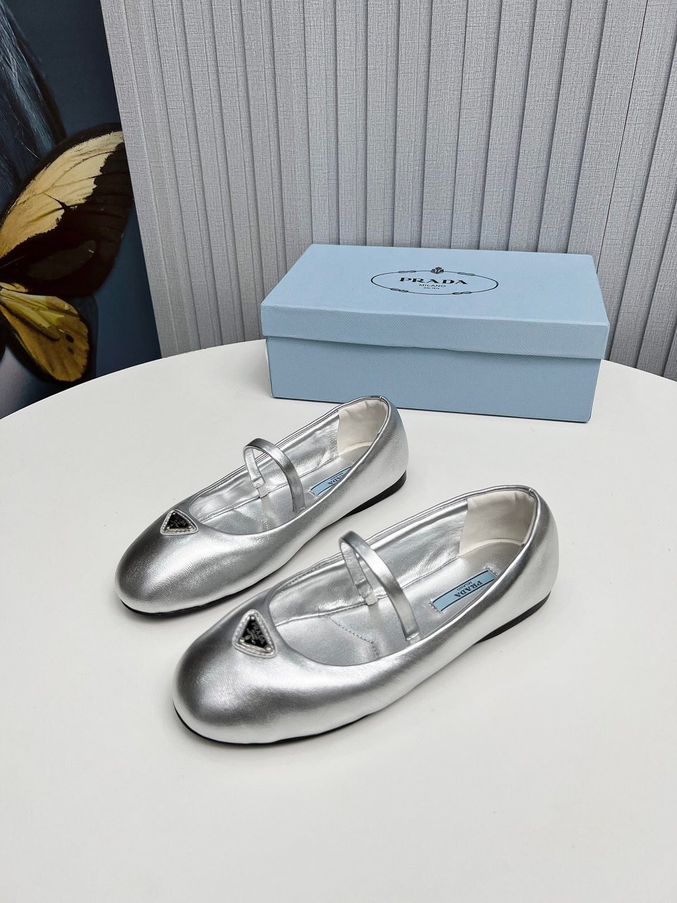 Prada Soft Padded Nappa Leather Ballerinas Silver view 10