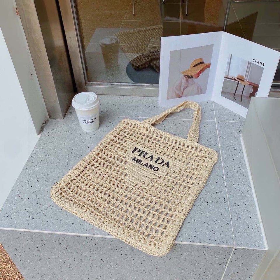 Prada Natural Crochet Logo Tote Bag Beach Bag 38 cm view 11