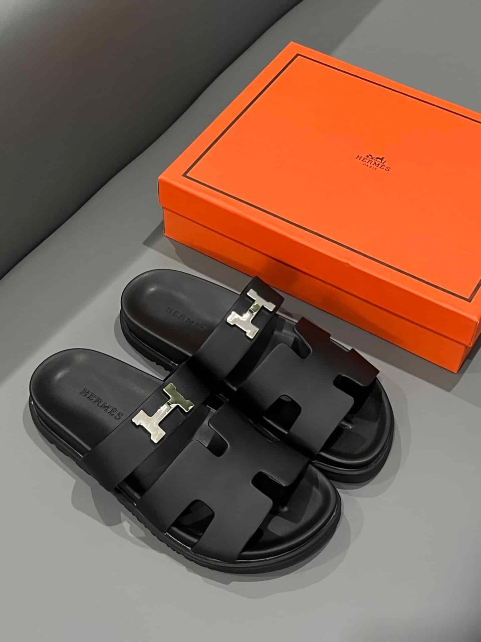 Hermes Chypre Sandal H Logo Silver Hardware Black view 3