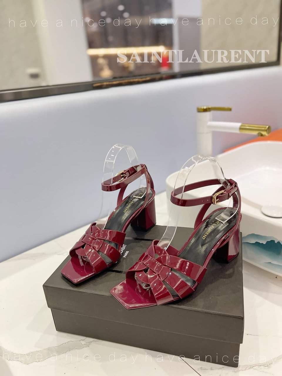 Saint Laurent Tribute Leather Sandals Burgundy view 3