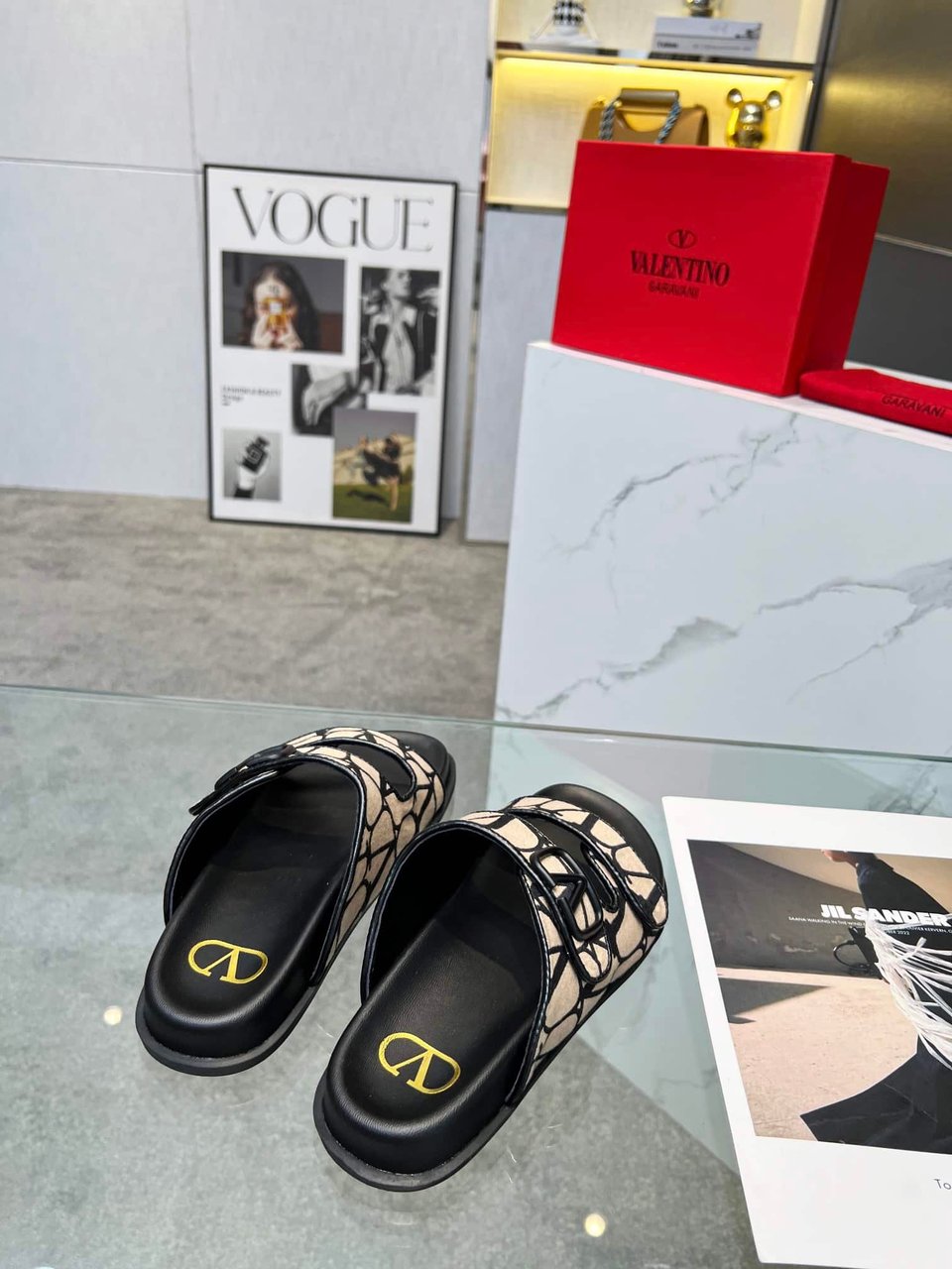 Valentino Garavani Vlogo Toile Iconographe Sandal Black Beige view 6