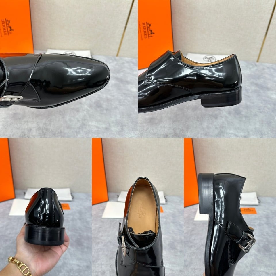 Hermès Black Polished Leather Monk Strap- Shoes for Men view 11