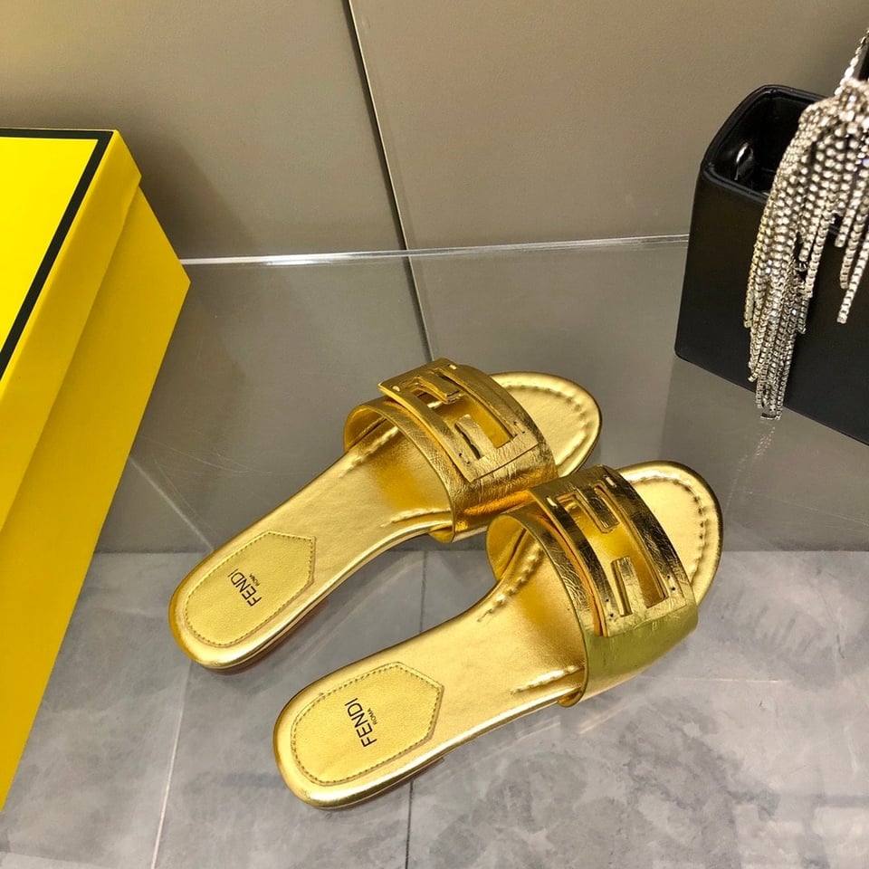 Fendi Baguette Gold Nappa Leather Slides 8R8136Ai16F0Xv6 view 5