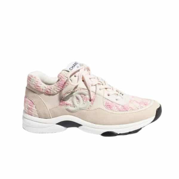 Chanel Coton Tweed Suede Calfskin Sneakers Pink G38299 Y56627 K6020 view 2