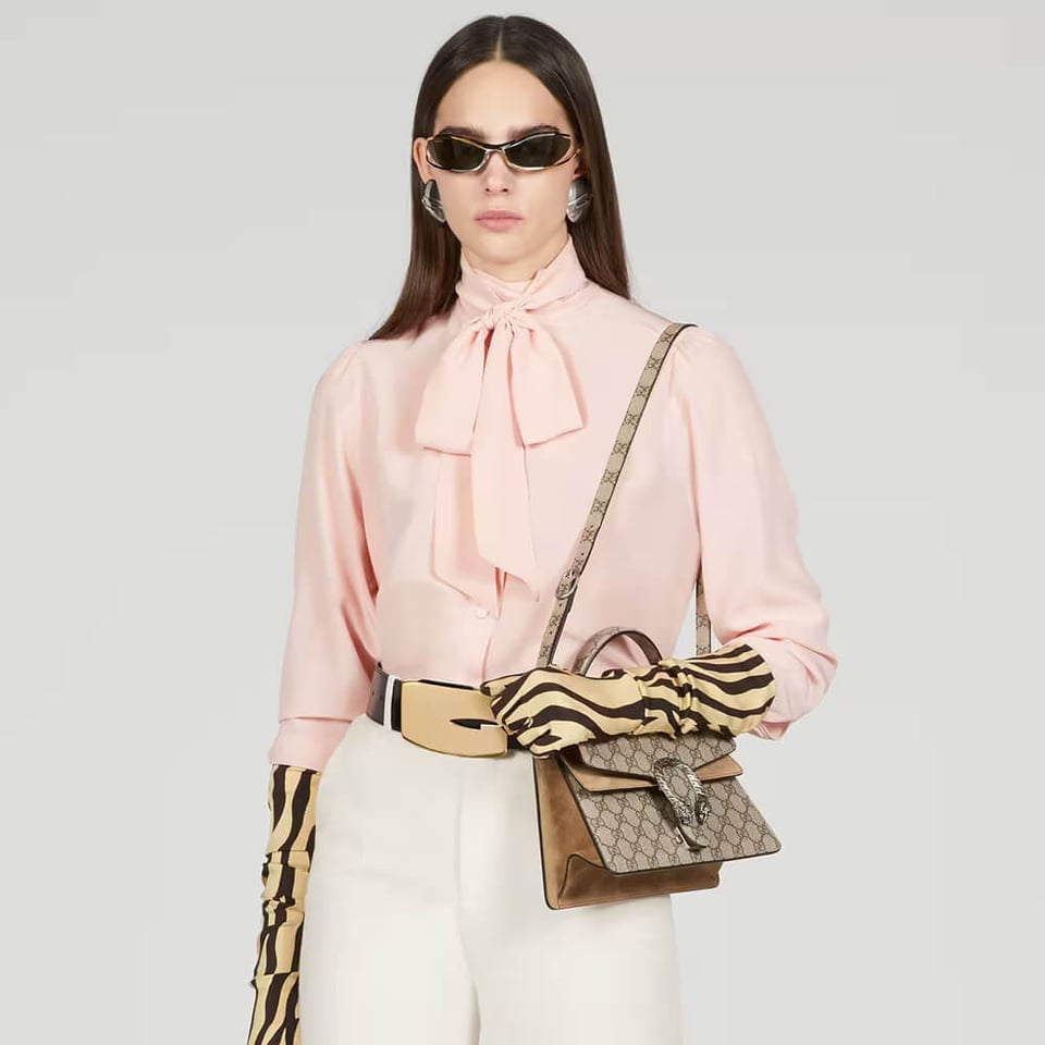 Gucci Small Dionysus Top Handle Bag Taupe Suede Trim view 3