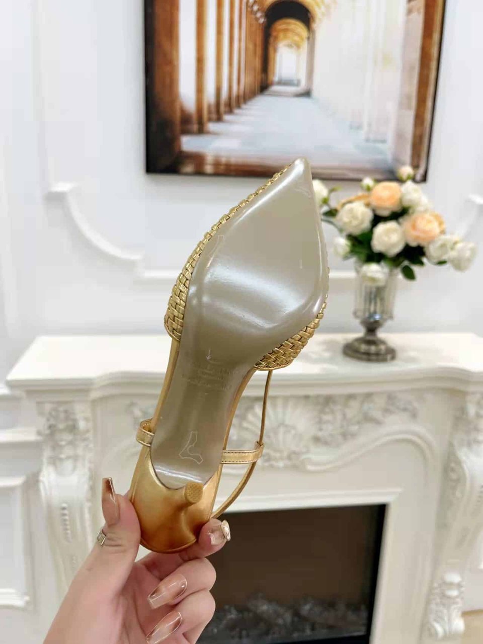 Valentino Garavani Vlogo Woven Leather Slingback Pumps Gold view 4