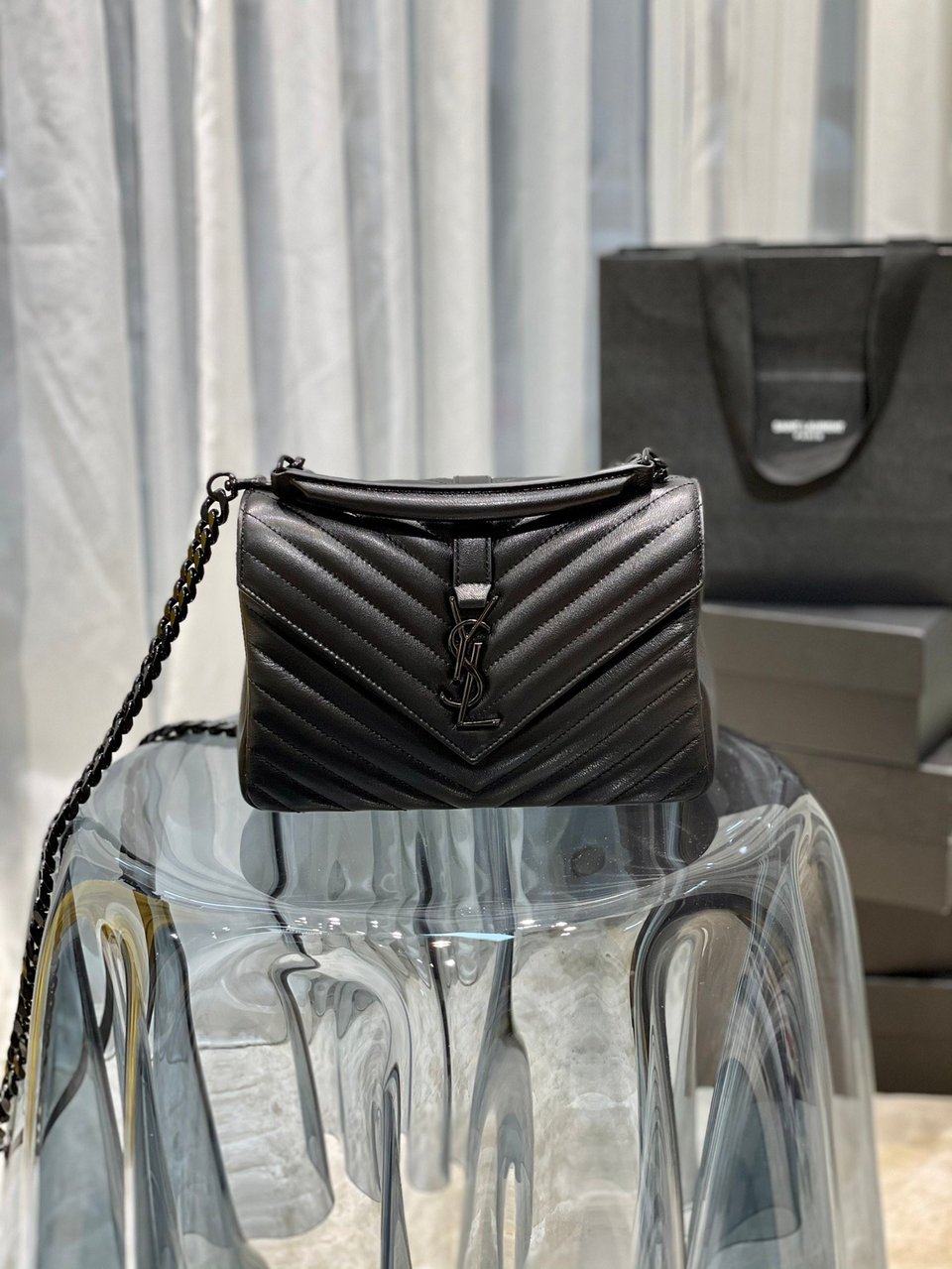 Saint Laurent College Medium Chain Bag In Quilted Leather Black Noir 24Cm view 3