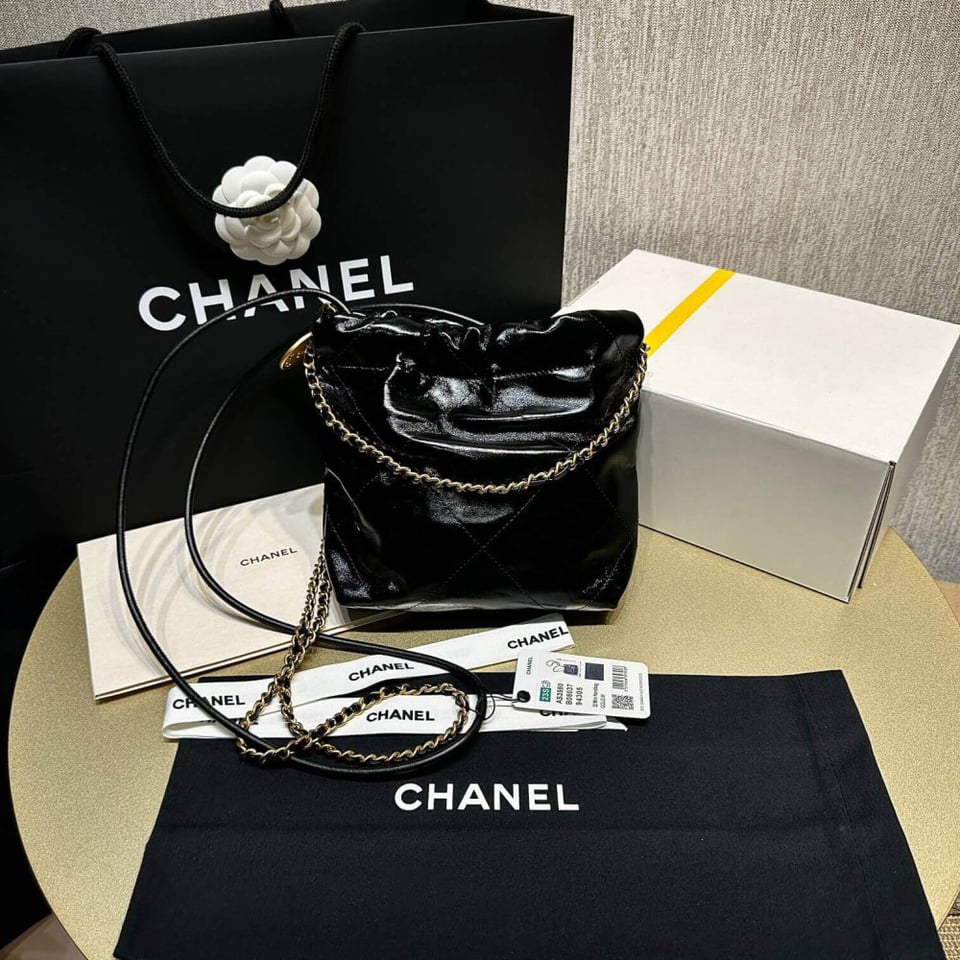 Chanel 22 Mini Bag Shiny Crumpled Calfskin with Pearl Chain view 9