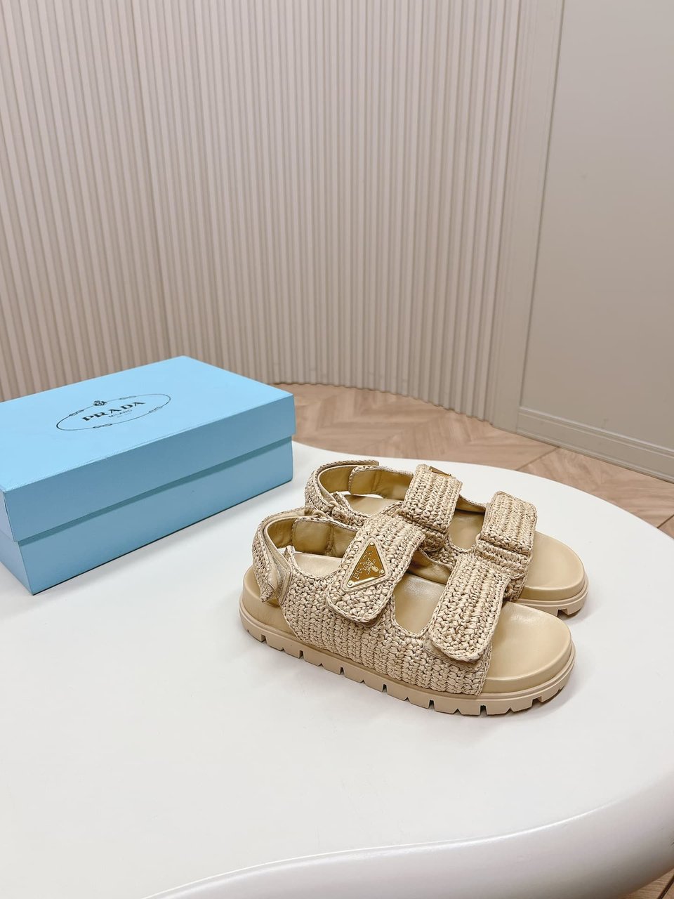 Prada Monolith Crochet Raffia Effect Sandals In Neutrals view 10