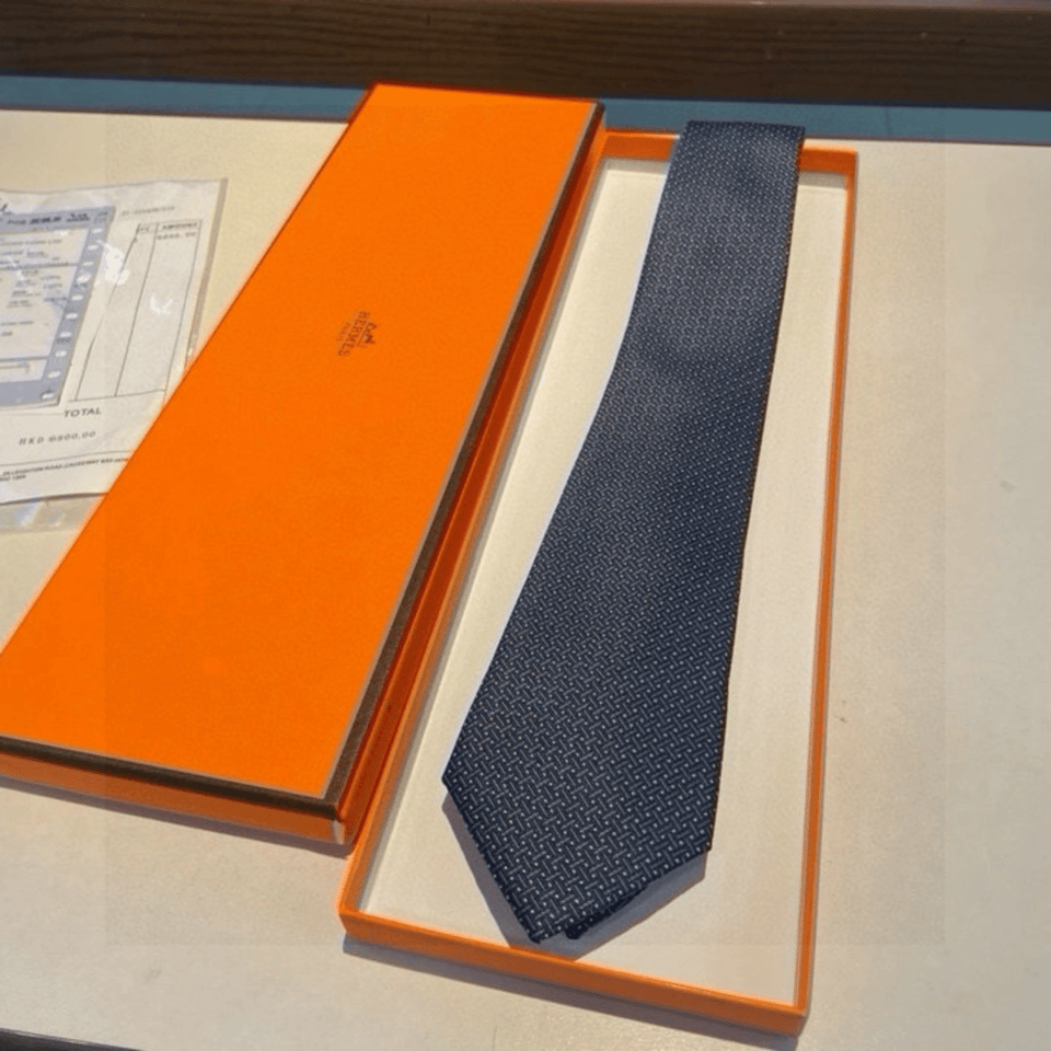 Hermes Navy Blue Grid Pattern Canvas Tie For Men view 7