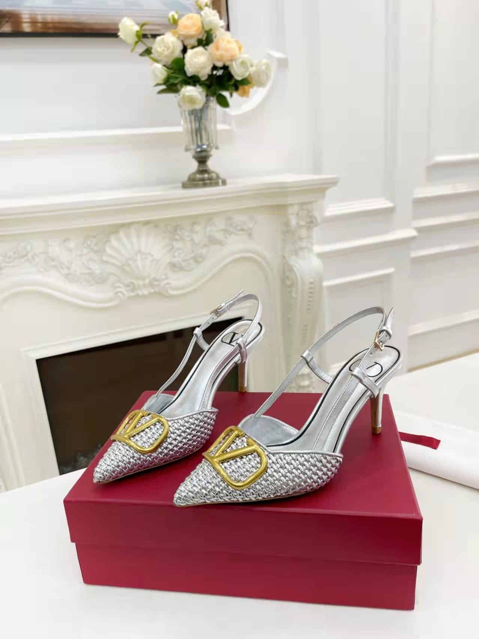 Valentino Garavani Vlogo Woven Leather Slingback Pumps Silver view 6