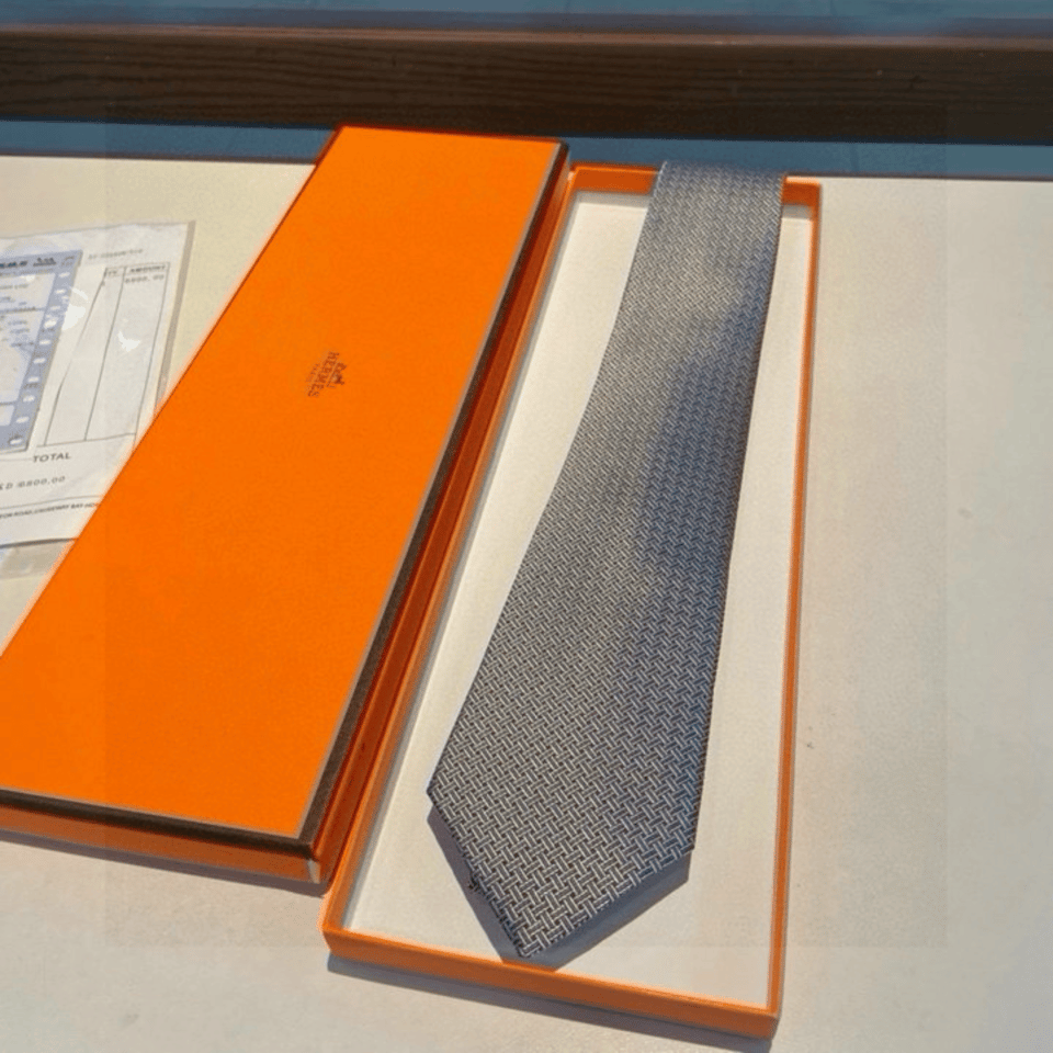 Hermes Light Gray Interlocking Pattern Canvas Tie For Men view 8