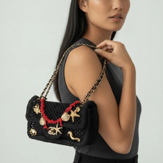 Chanel Small Flap Bag Mesh, Charms &amp; Gold-Tone Metal 21cm/8.3in Black AS6156 view 2