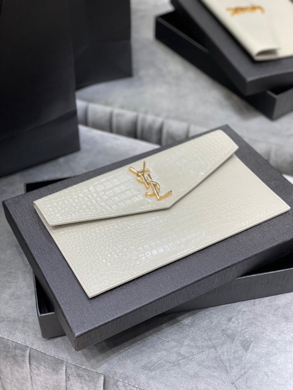 Saint Laurent Uptown Pouch In Crocodile Embossed Shiny Leather view 4
