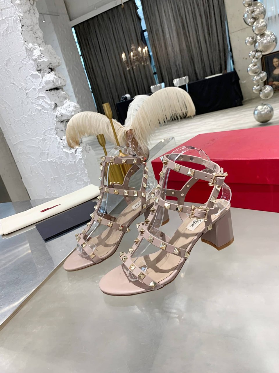 Valentino Garavani Rockstud Leather Sandals Beige view 3