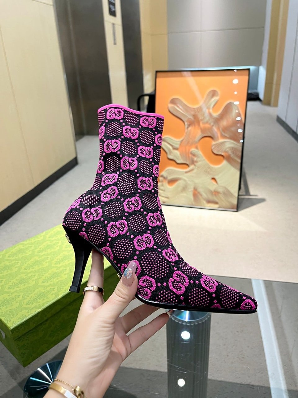 Gucci Gg 75Mm Knit Ankle Boots Black Fluorescent Pink Fabric 718378 Faaqp 8610 view 10