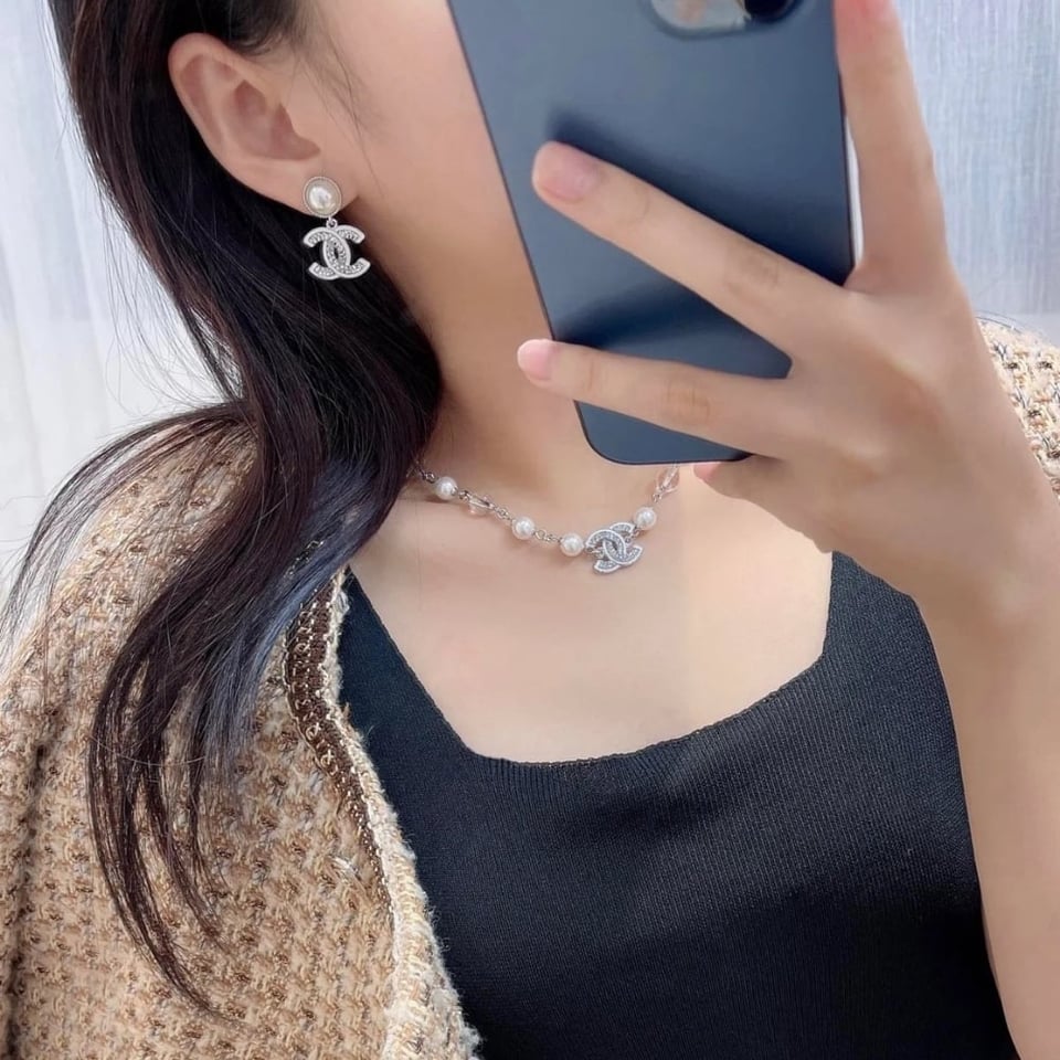 Chanel Double C Pearl Earrings Silver White view 5