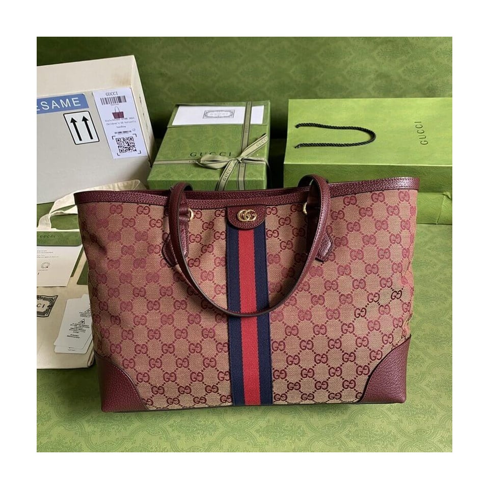 Gucci Ophidia Medium Tote With Web in Burgundy GG Canvas view 5
