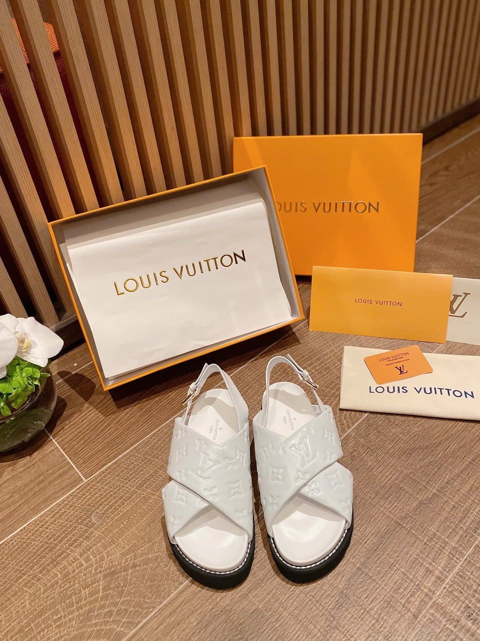 Louis Vuitton Monogram Embossed Paseo Flat Comfort Sandals White view 3