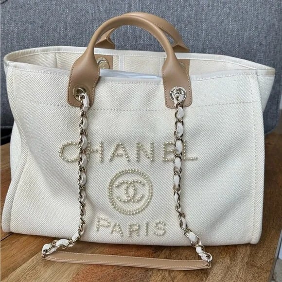Chanel Deauville Shopping Small Tote 35Cm Mixed Fabric Calfskin White view 4