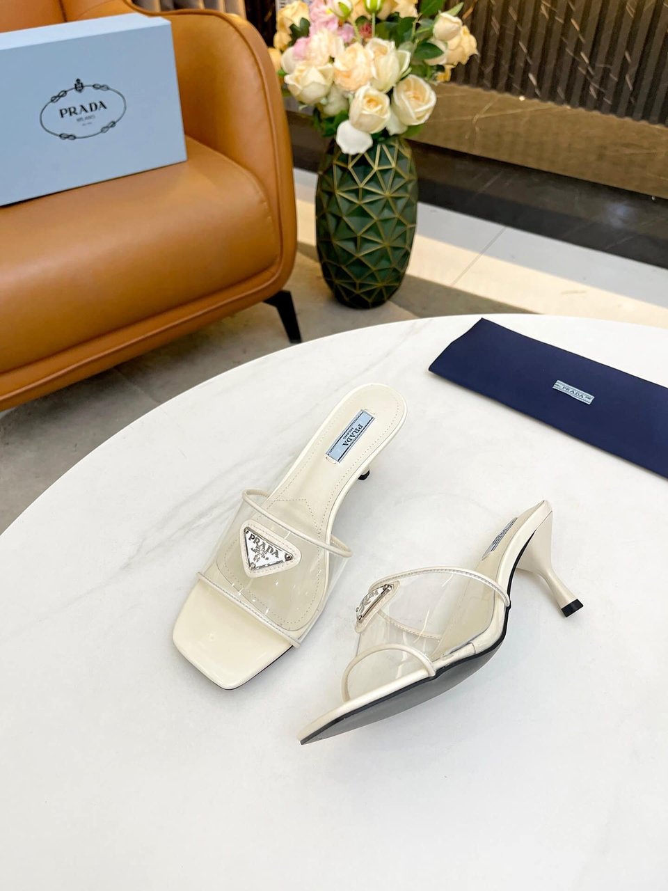 Prada Plexiglas And Patent Leather Sandals Cream view 3