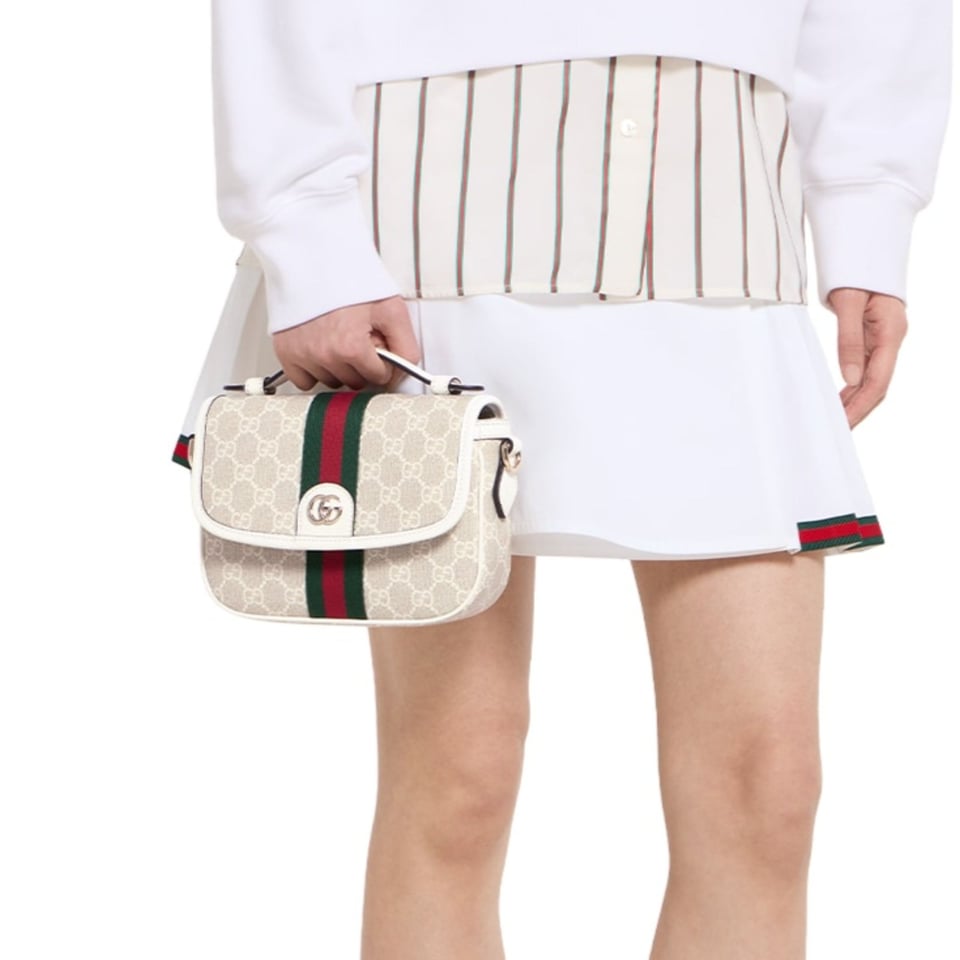 Gucci Ophidia Small Top Handle Bag 20cm/7.9in Beige And White GG Fabric 836843 view 2