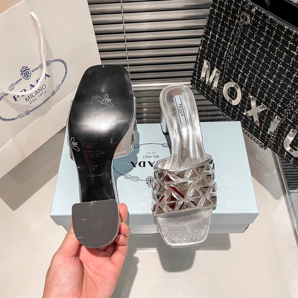 Prada Ciabatte Spazzolato Borchie Sandals Silver view 3