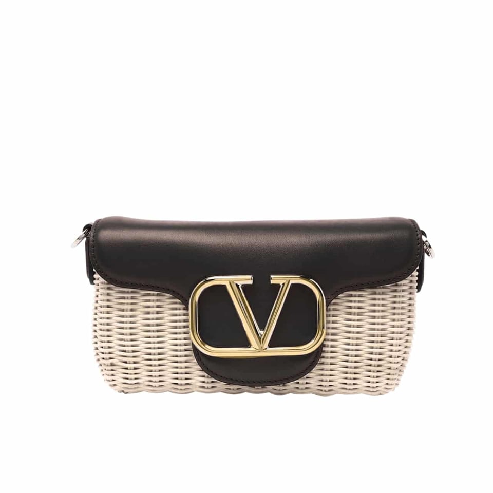 Valentino Loco Vlogo Flap Straw Shoulder Bag Black18Cm