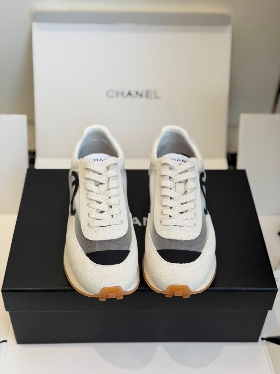 Chanel Mesh Suede Calfskin Sneakers with Black CC Logo Light Grey White &amp; Black G38290 view 4