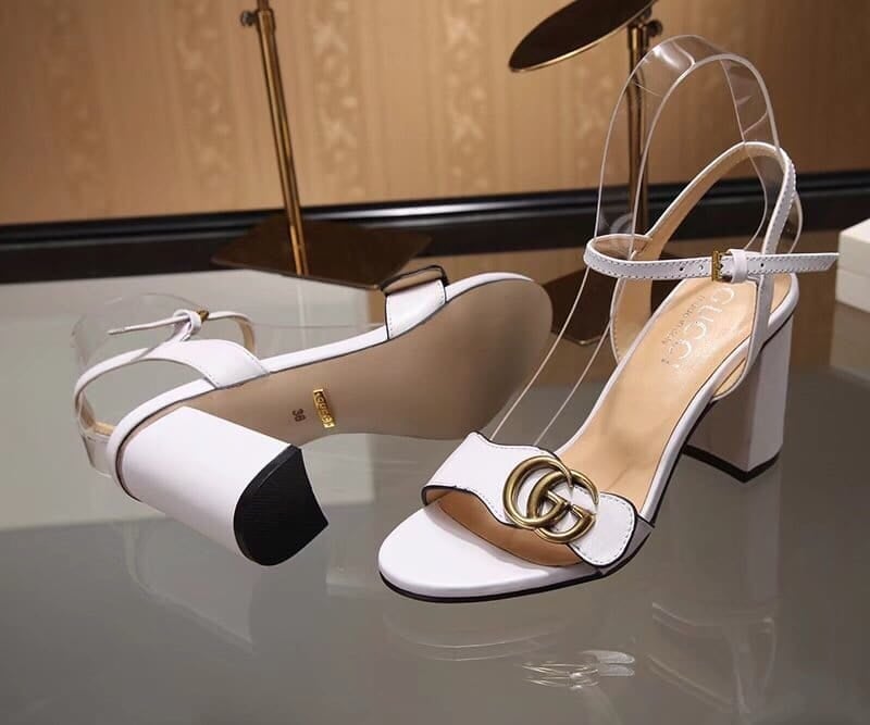 Gucci Leather Mid Heel Sandal White view 7