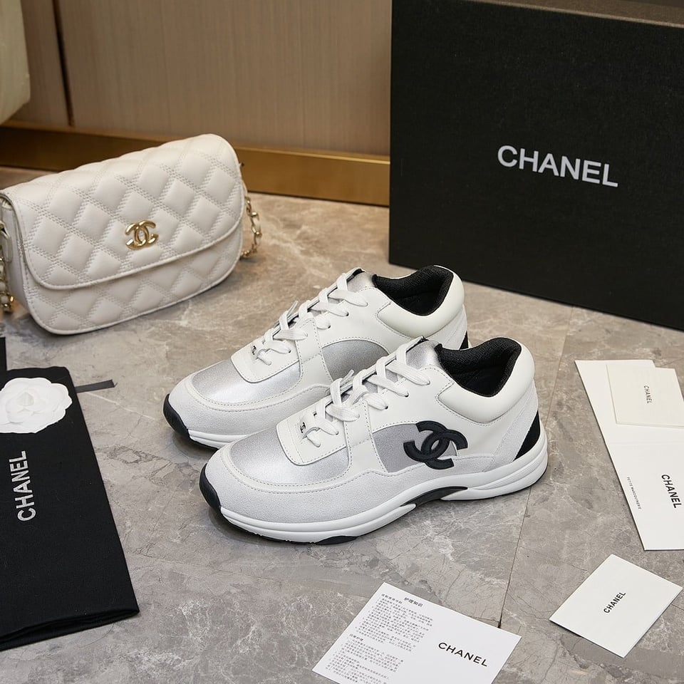 Chanel Suede And Leather Cc Low Top Sneakers White Black view 9