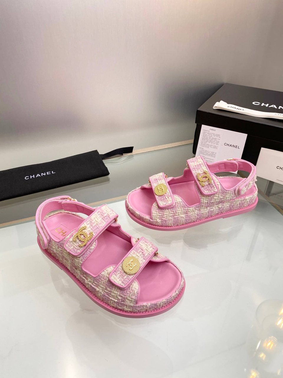 Chanel Tweed Sandal Pink Ecru Cotton G35927 X56999 K5945 view 4
