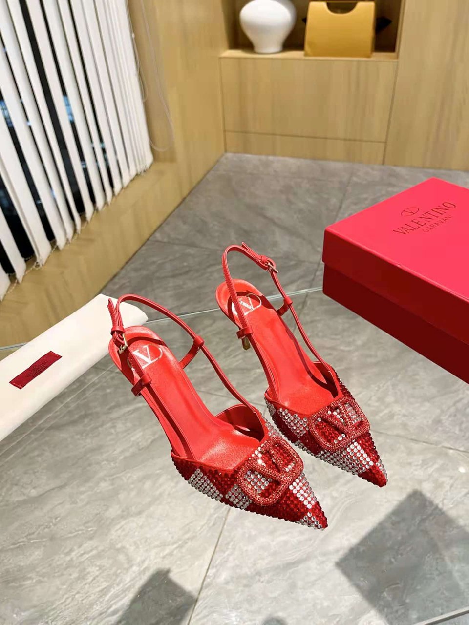 Valentino Vlogo Signature Back Strap Crystal High Heels Red view 4