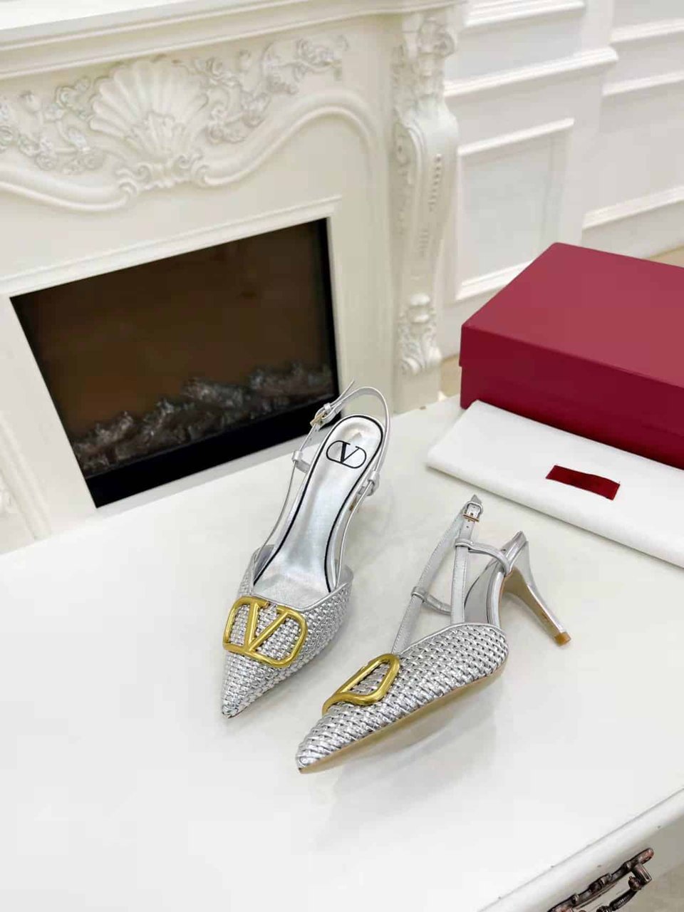 Valentino Garavani Vlogo Woven Leather Slingback Pumps Silver view 5