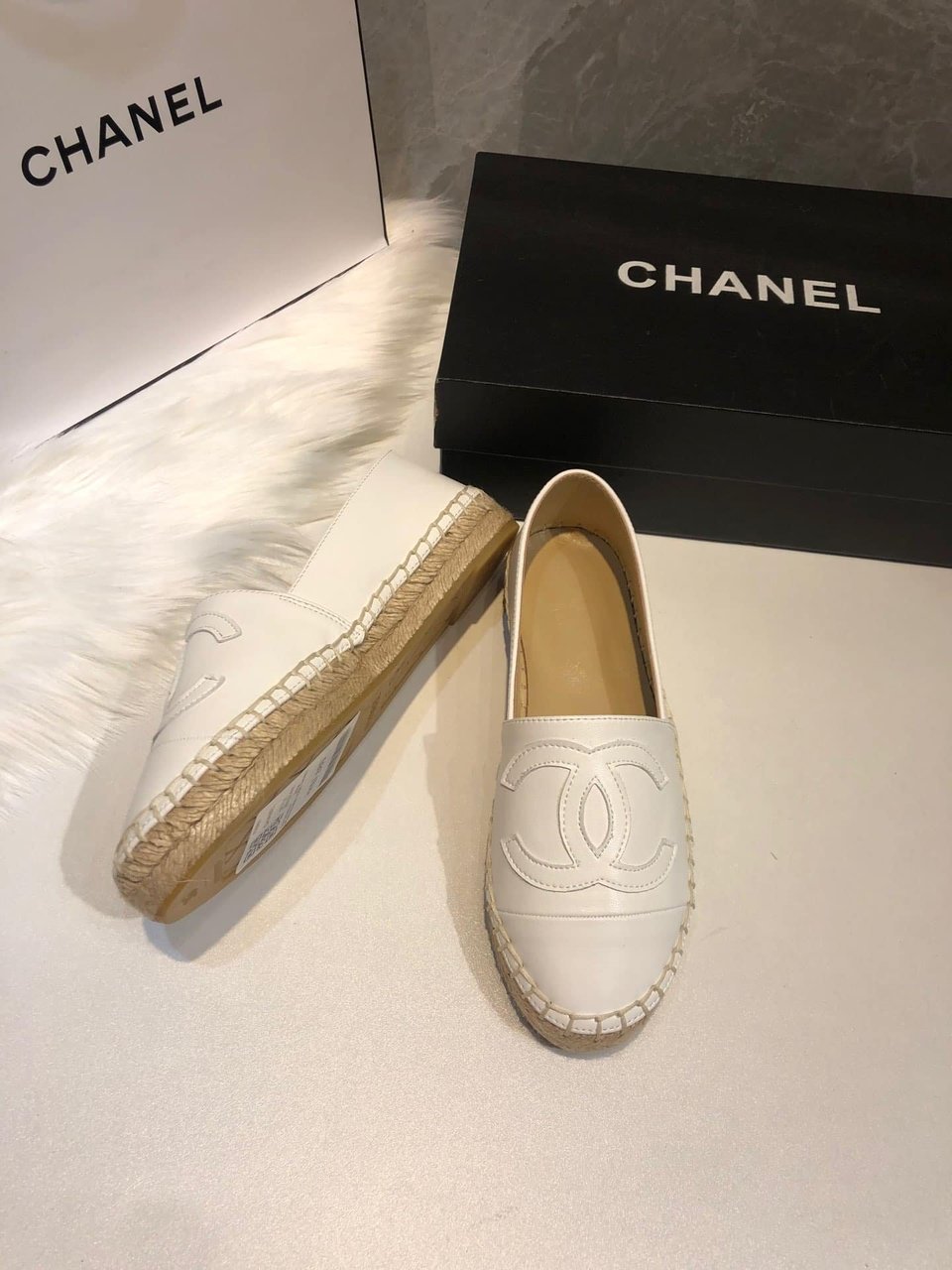 Chanel Embroidered Espadrille Leather Cap Toe Flats White view 8