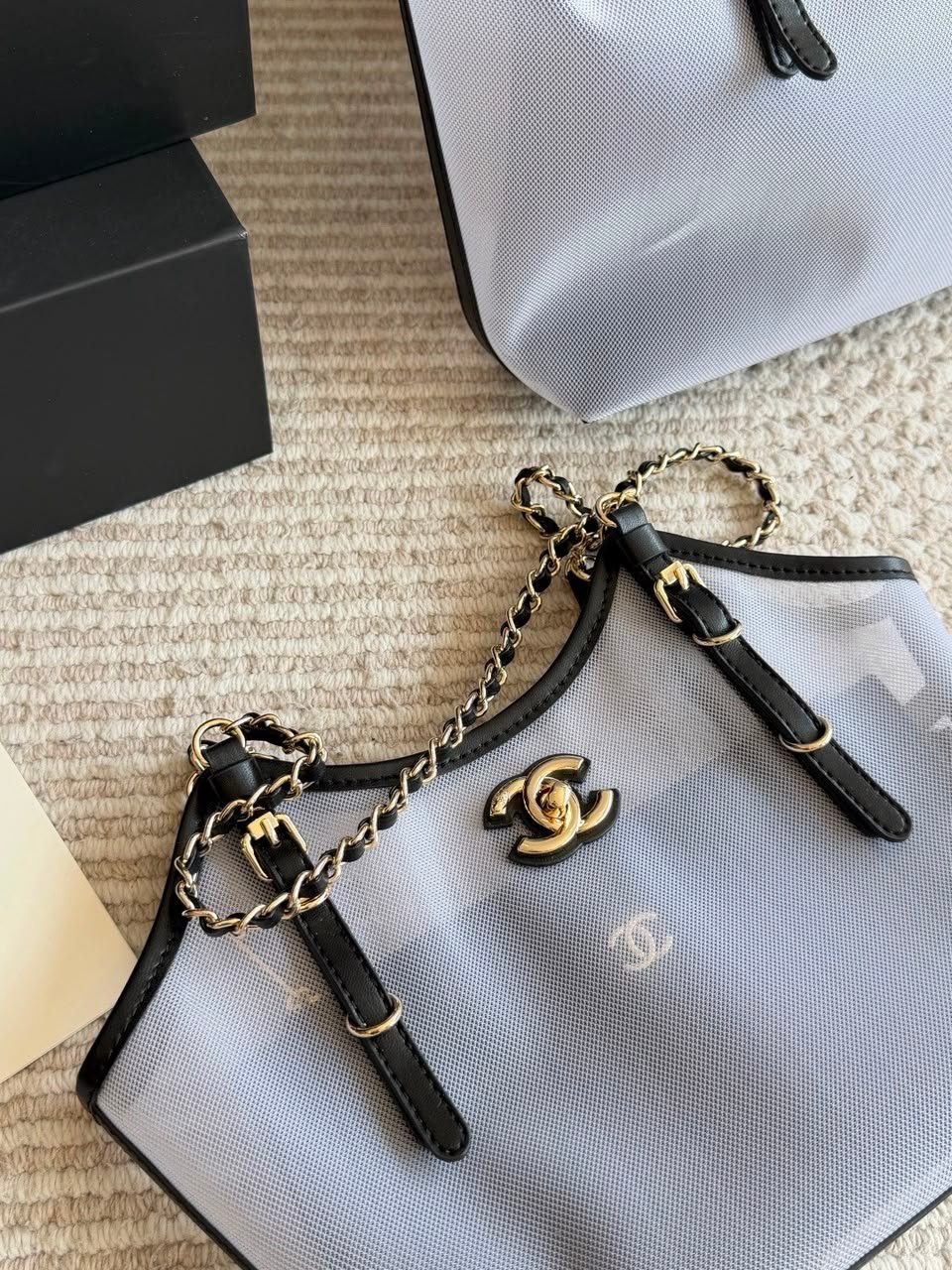 Chanel Small Tote Mesh, Calfskin &amp; Gold-Tone Metal Transparent &amp; Black 28cm/11in AS6015 view 4