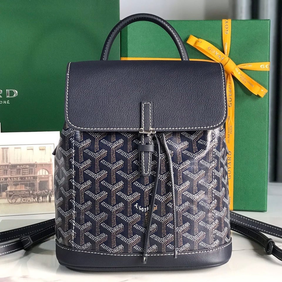 Goyard Alpin Mini Backpack 21cm Navy Blue Lambskin And Goyardine Canvas view 3