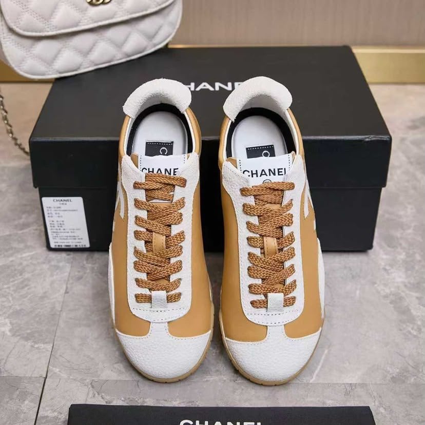 Chanel Calfskin Suede Sneakers with White CC Logo Beige Camel White &amp; Gum G39860 view 4