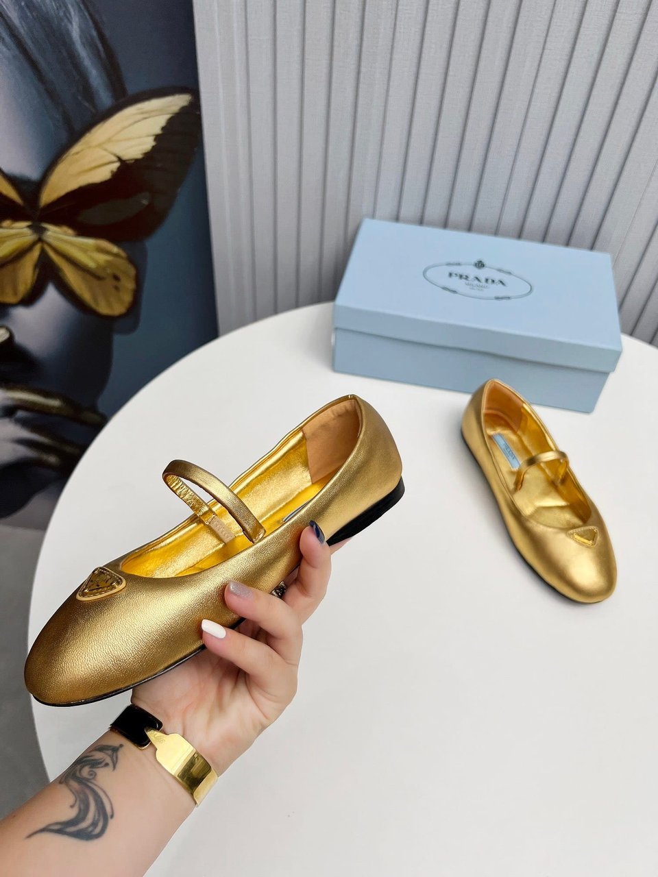 Prada Soft Padded Nappa Leather Ballerinas Gold view 4