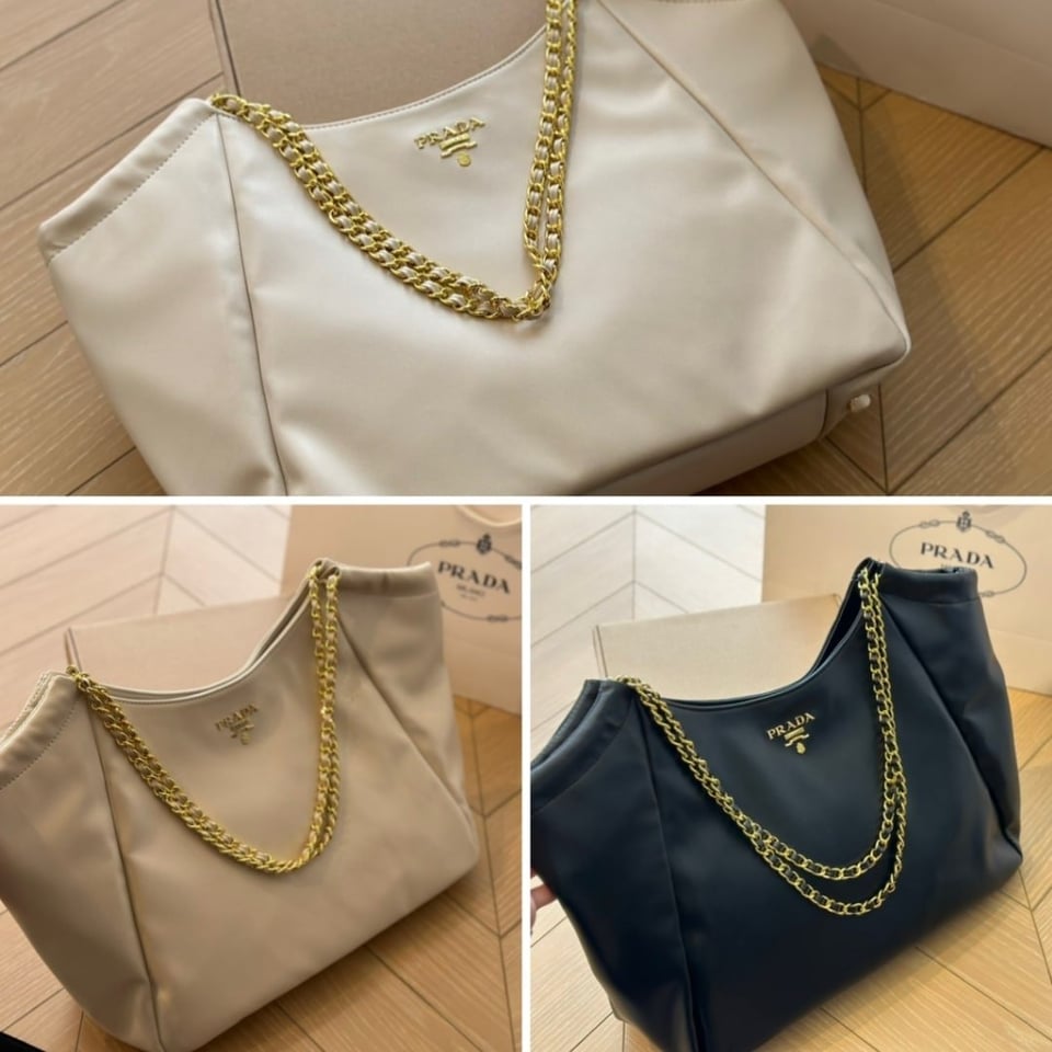 Prada Pomice Soft Calfskin Leather Chain Tote Bag Beige 38Cm view 4