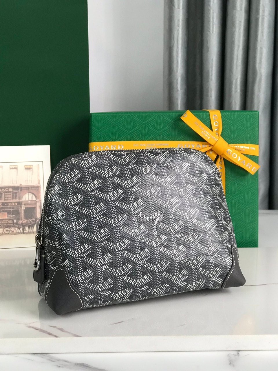 Goyard Vendôme Cosmetic Pouch 17cm Grey Black Goyardine Canvas And Calfskin Trim view 7