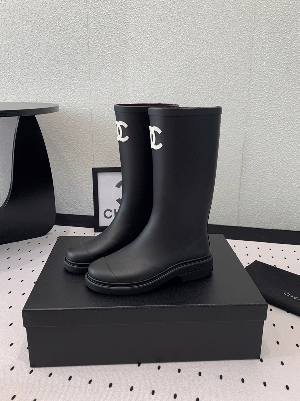 Chanel CC Logo Rain Boots Black Rubber Heel 47cm view 6